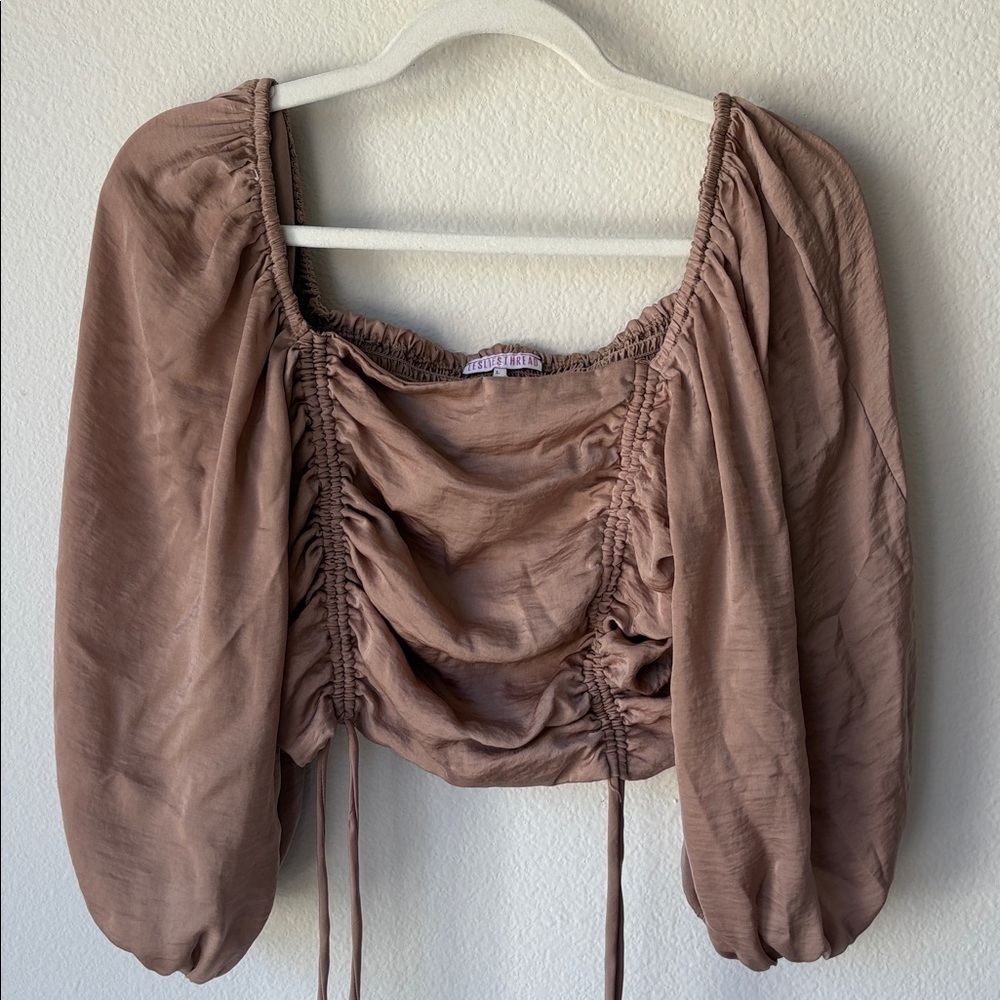 Light brown cropped top Blouse with Ruched Puff Sleeves 3/4 length sleeves